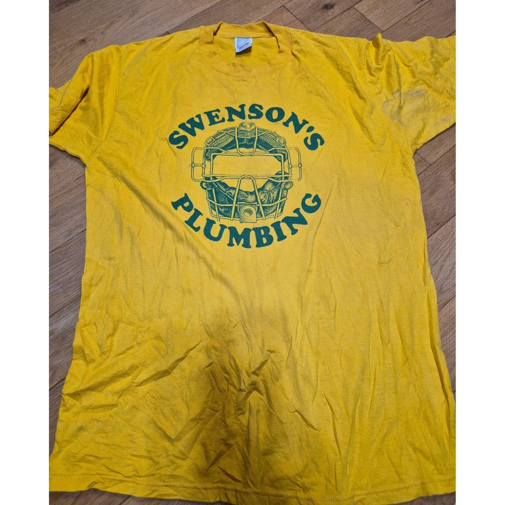 Vintage Jerzees Swenson's Plumbing T Shirt Yellow Made in USA Large 50/50 55